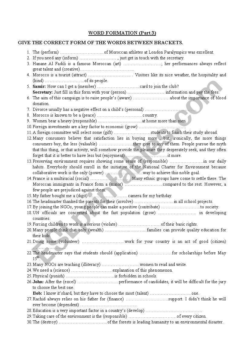 Word Formation (Part 3) worksheet