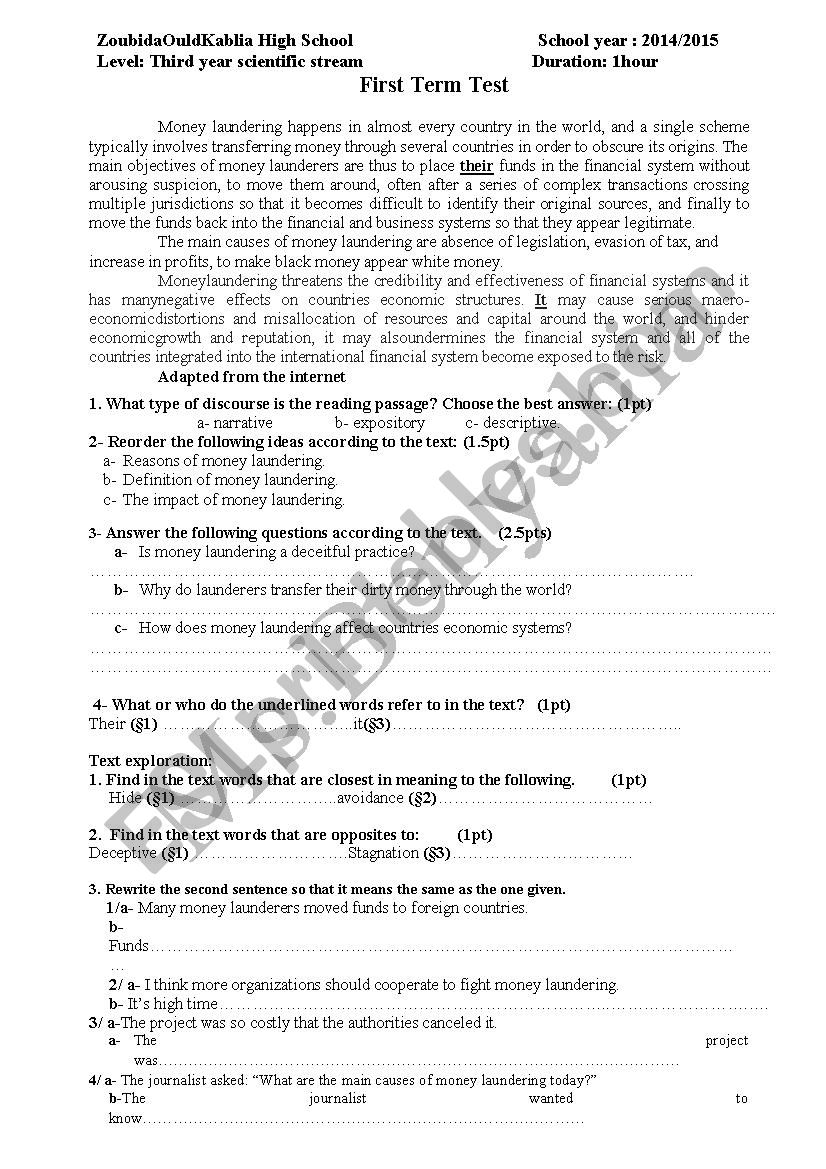 test for bac classes worksheet