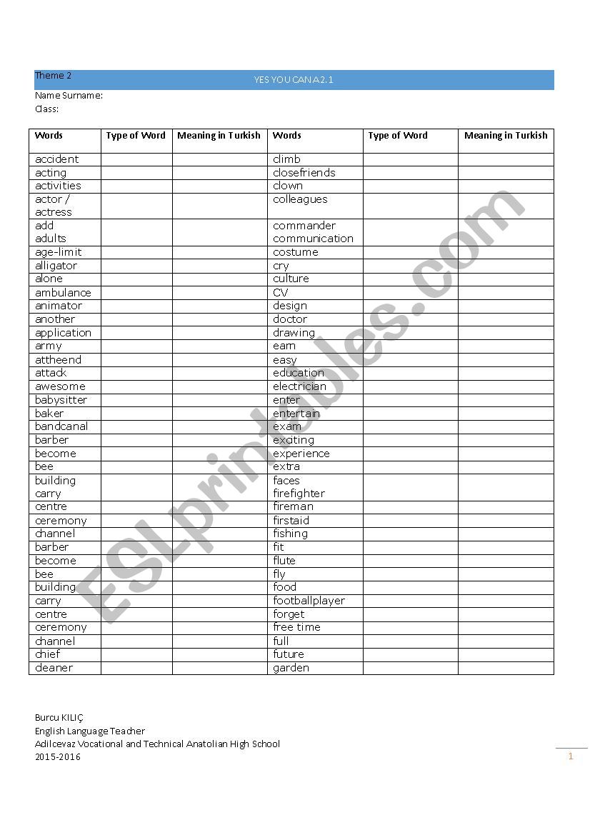 Yes You Can A2.1 Theme 2 worksheet