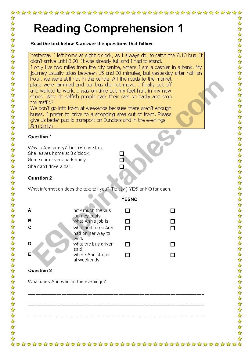 Reading Comprehension 1 worksheet