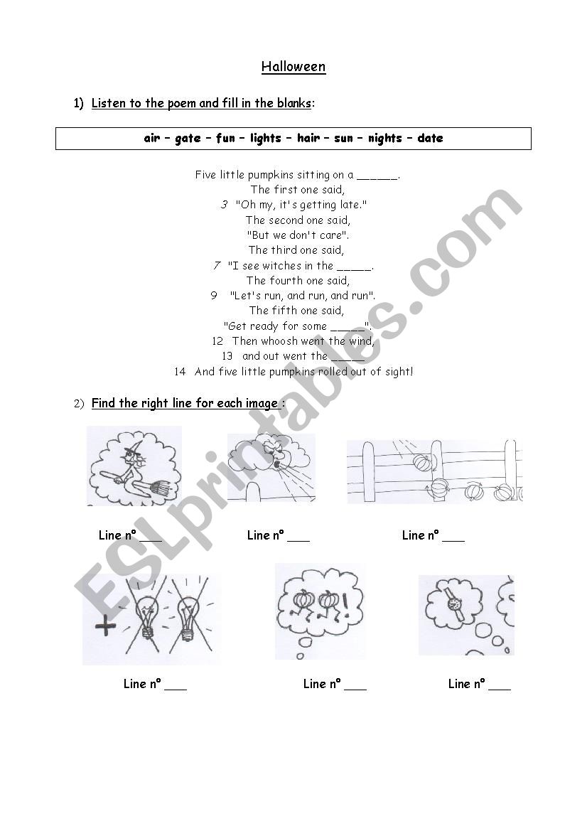 Poem Five little pumpkins worksheet