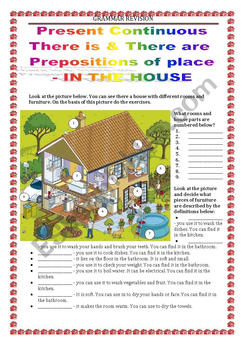 GRAMMAR REVISION - there is there are present continuous prepositions of place