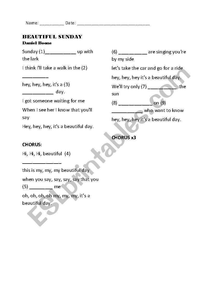 Beautiful Sunday - SONG worksheet