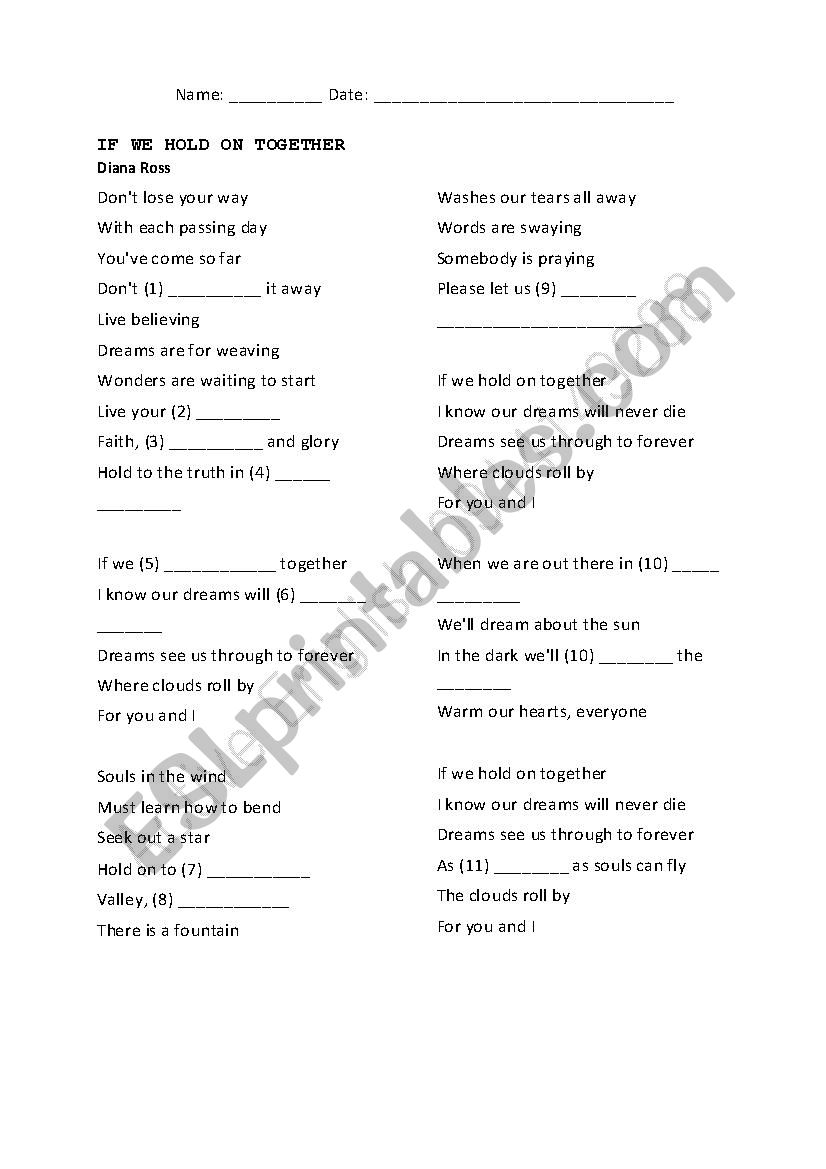 If we hold on together - SONG worksheet