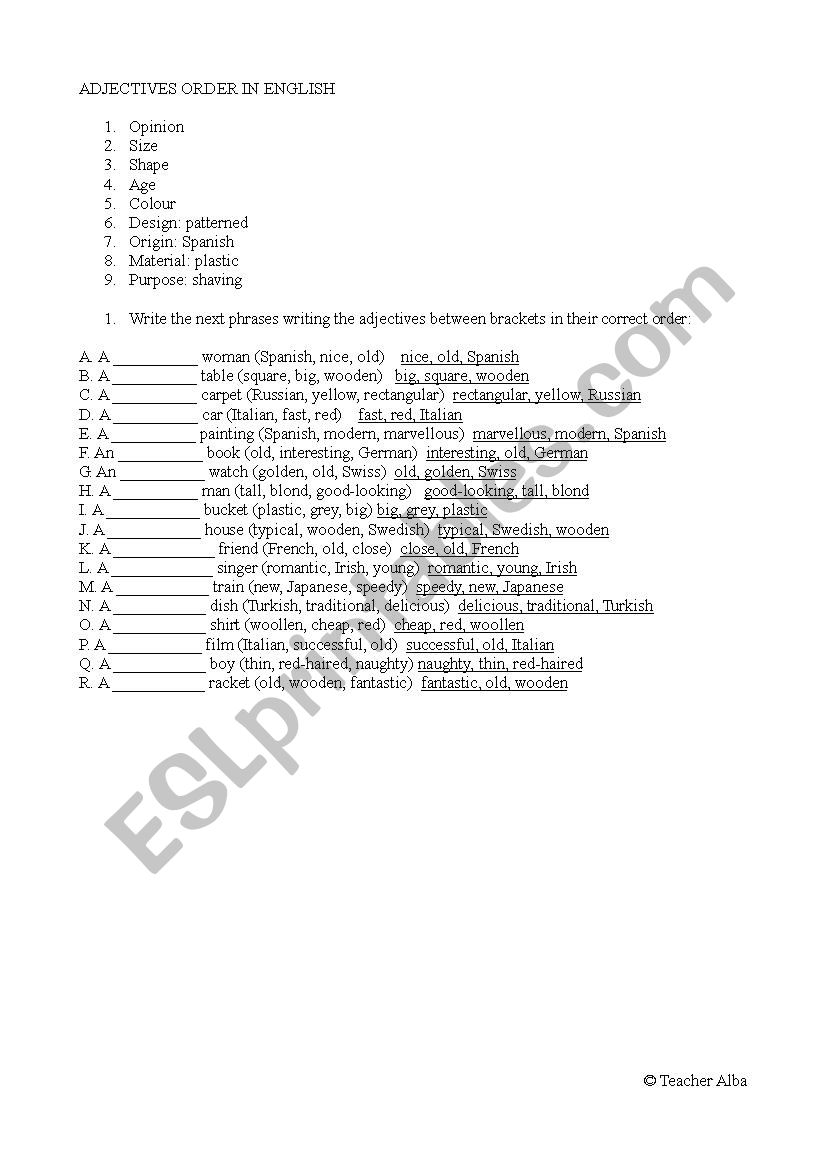 Adjective order in English worksheet