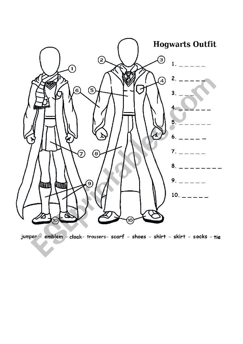 Hogwarts uniform worksheet