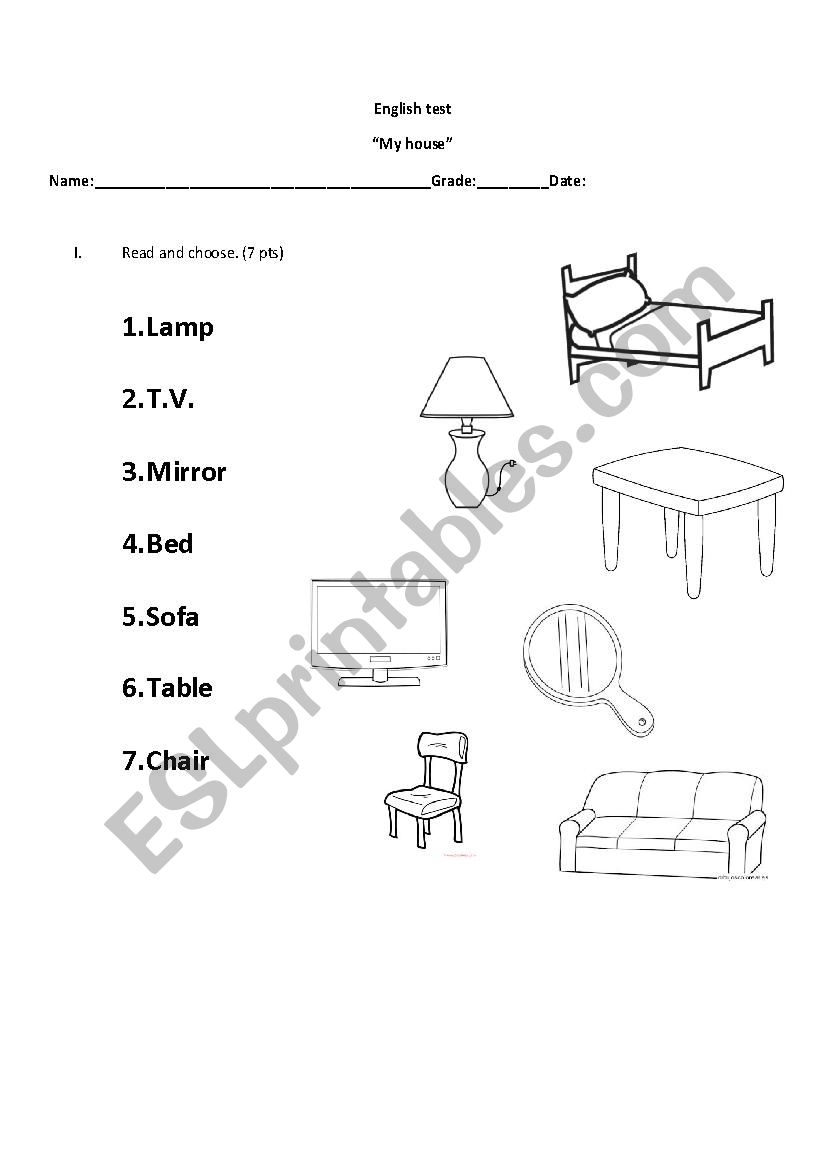Parts of the house test worksheet