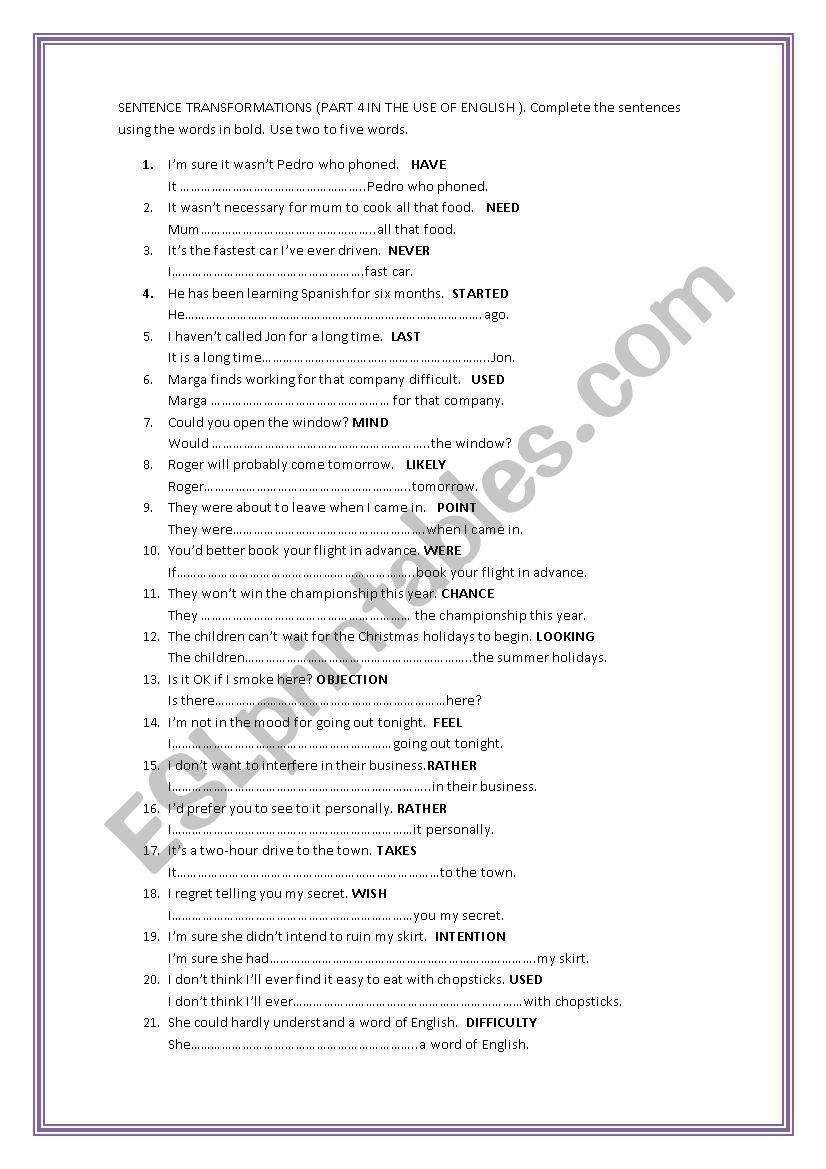 SENTENCE TRANSFORMATIONS B2 worksheet