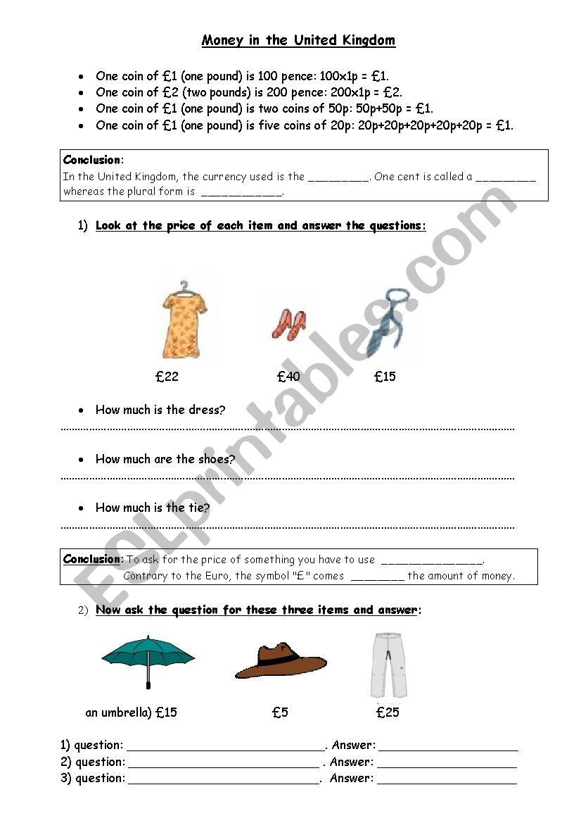 Money in the United Kingdom worksheet