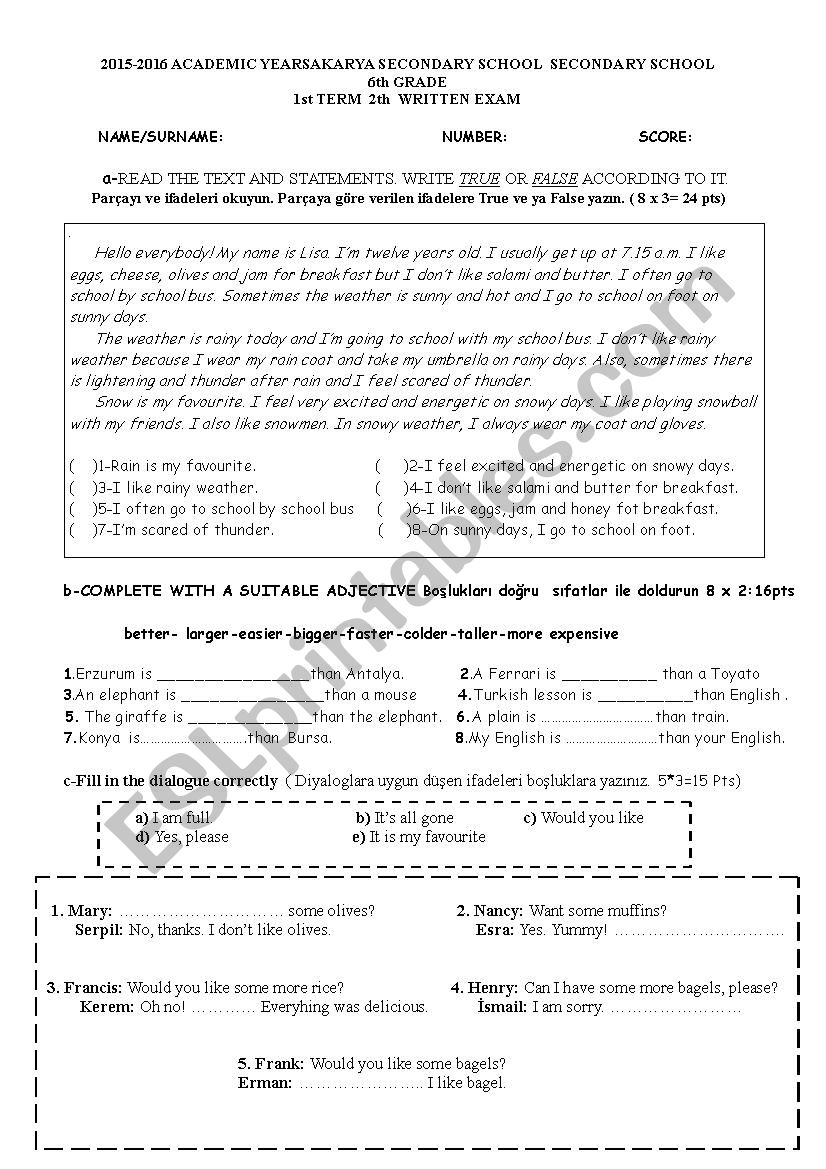 exam worksheet