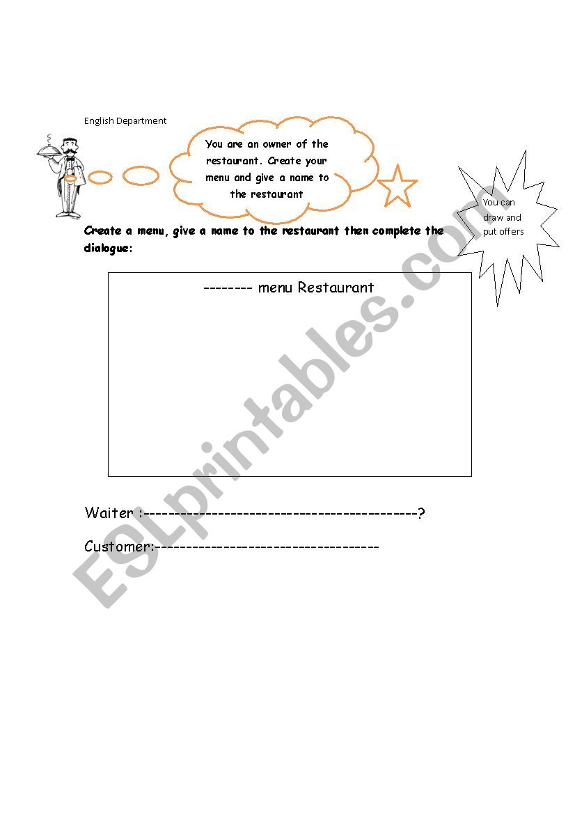 menu and order food worksheet
