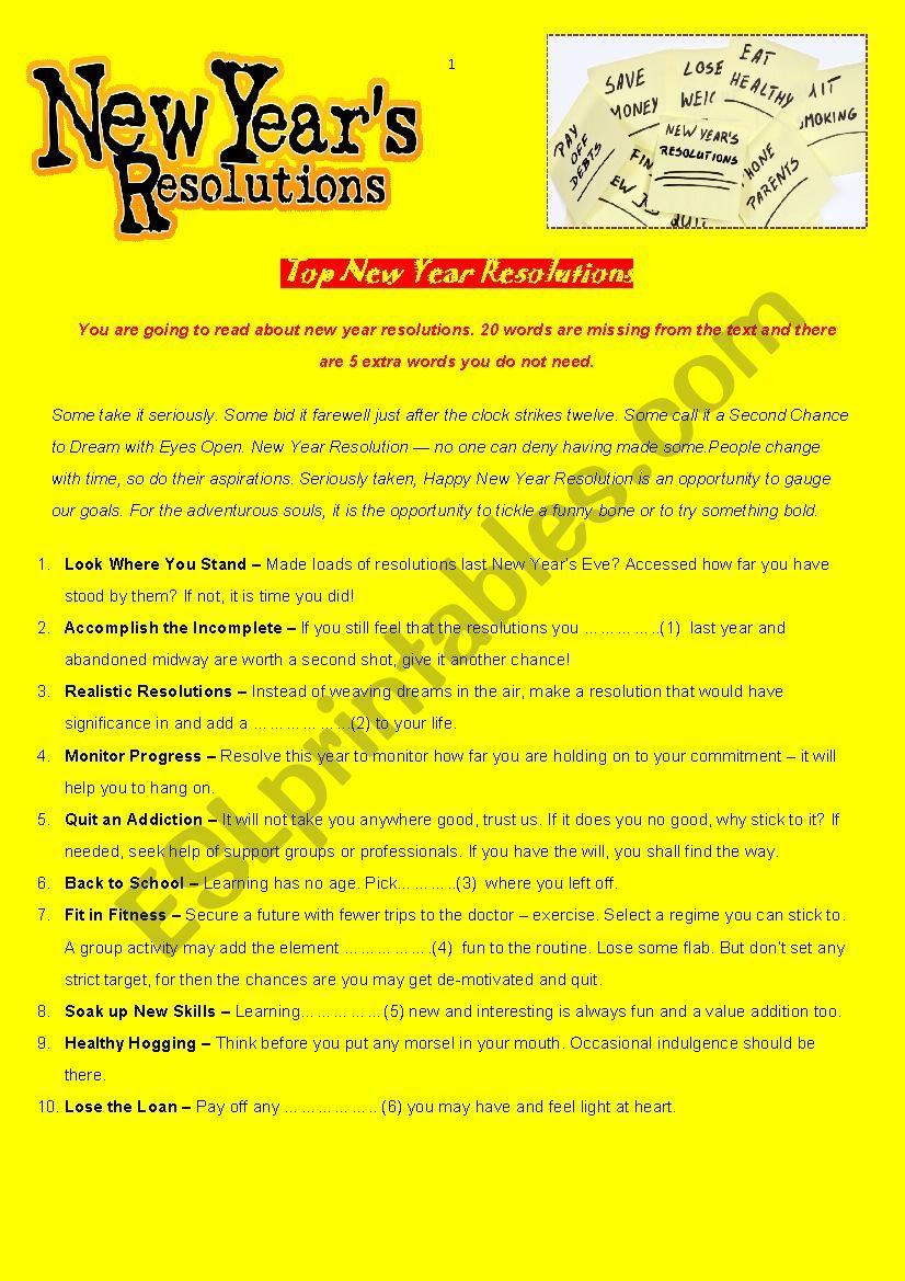 Top New Years Resolutions - reading comprehension and cloze test with key - fully editable