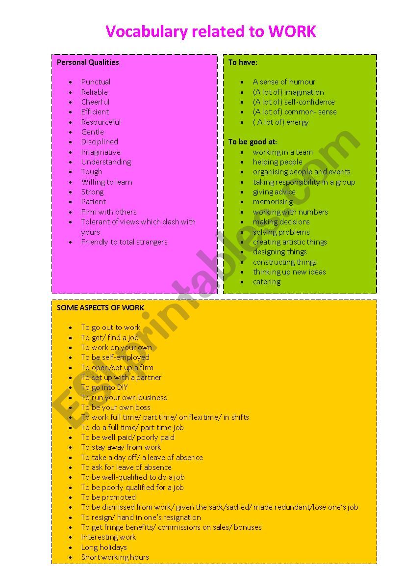 Vocabulary related to work worksheet