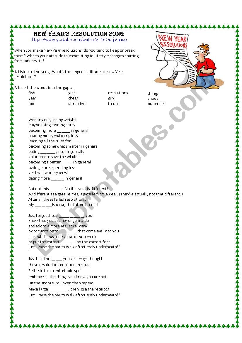 New Years Resolution Song worksheet