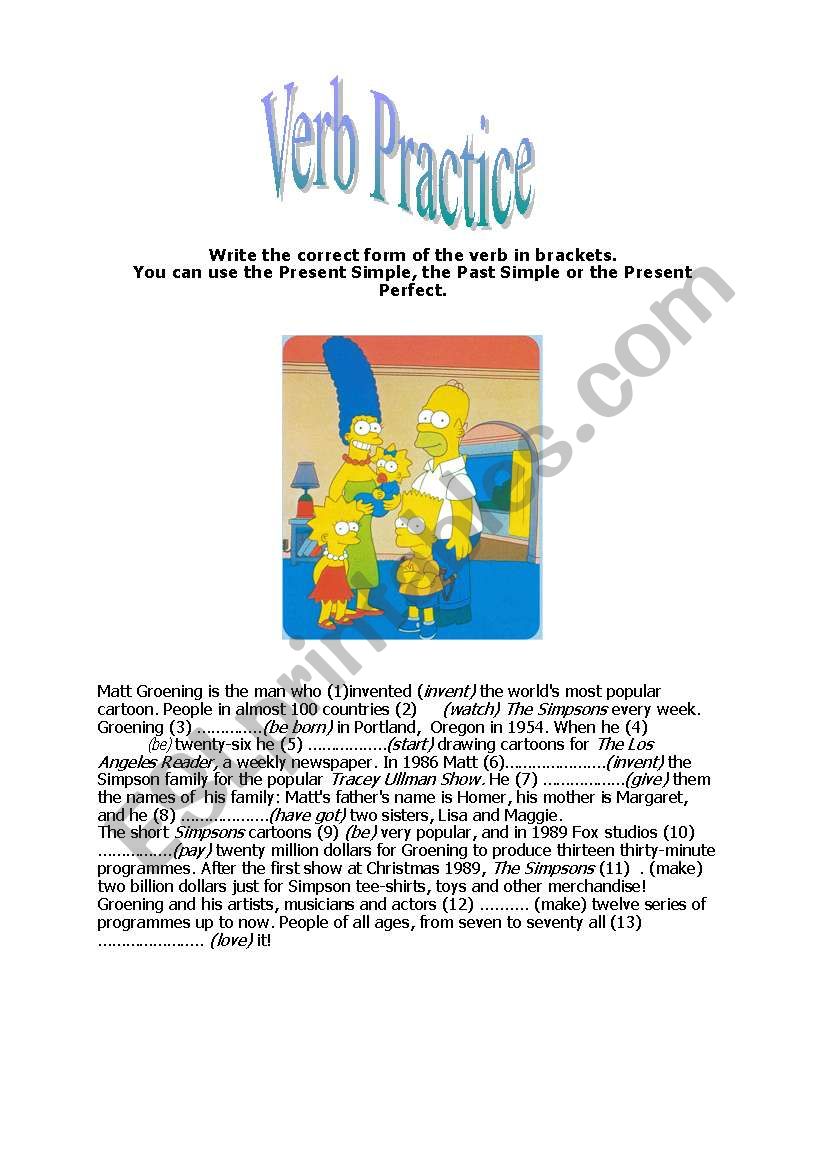 Simpsons Verb Practice worksheet
