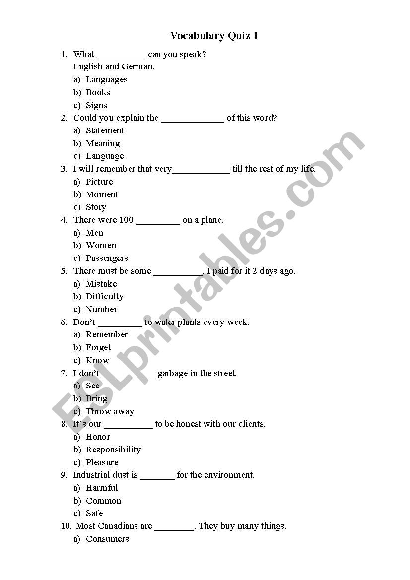 Vocabulary Quiz worksheet