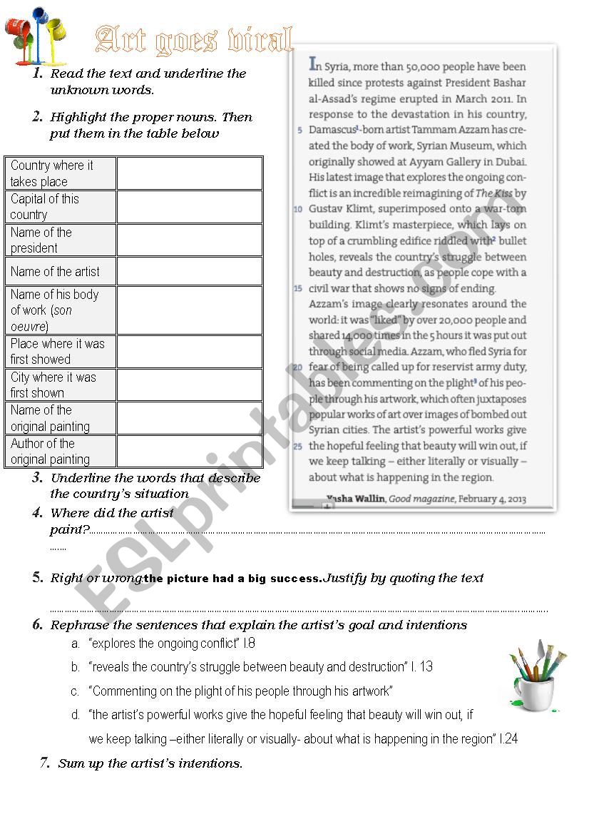 Art goes viral worksheet