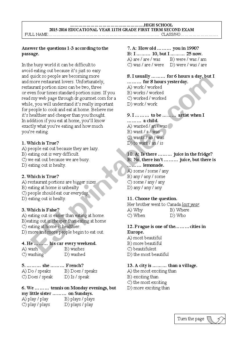 11th Grade A2.2 Level First Term Exam Sample