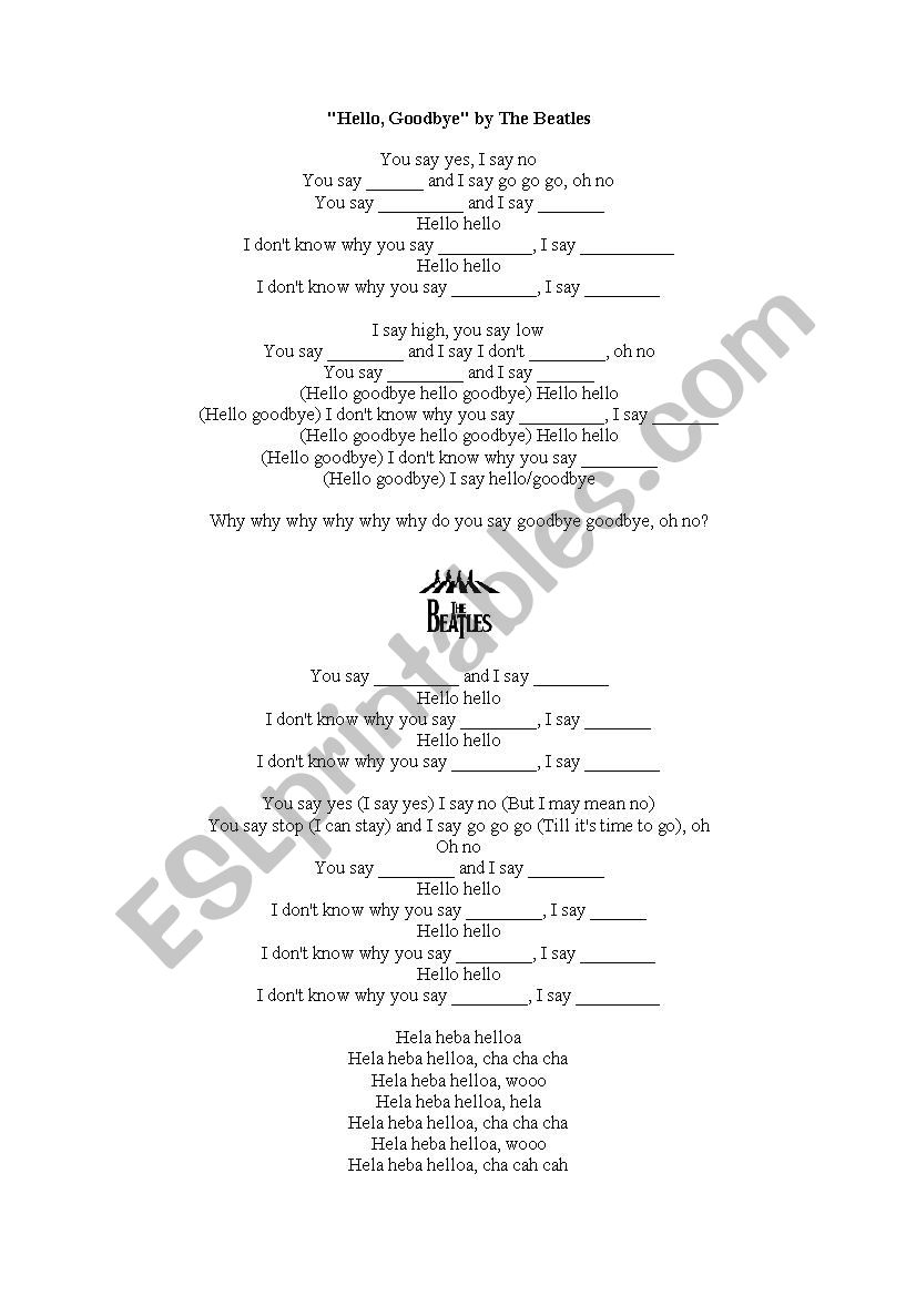 Hello by the Beatles worksheet