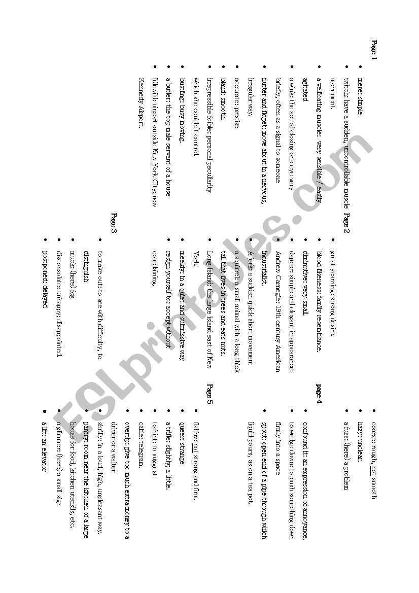 Roald Dahl The way up to heaven vocabulary list