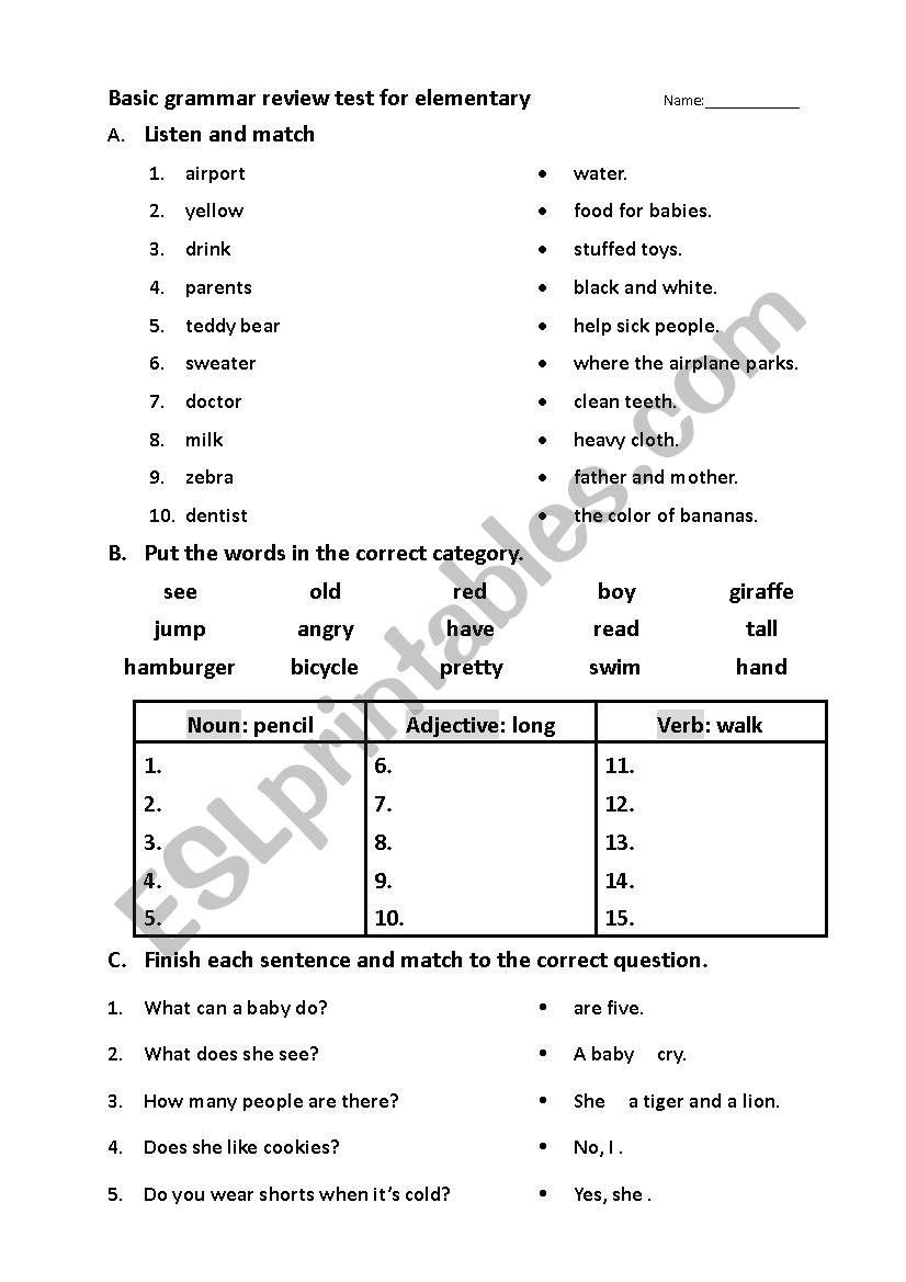 basic grammar test for elementary