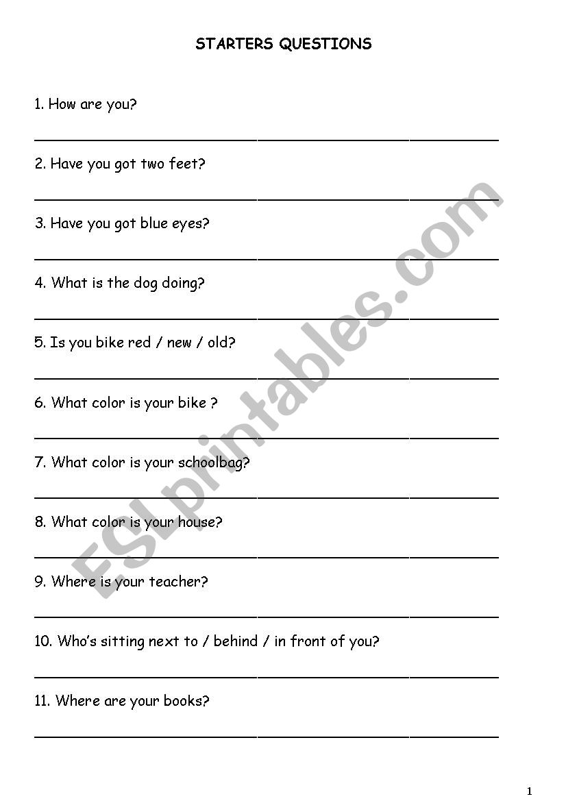 Starters Questions List worksheet