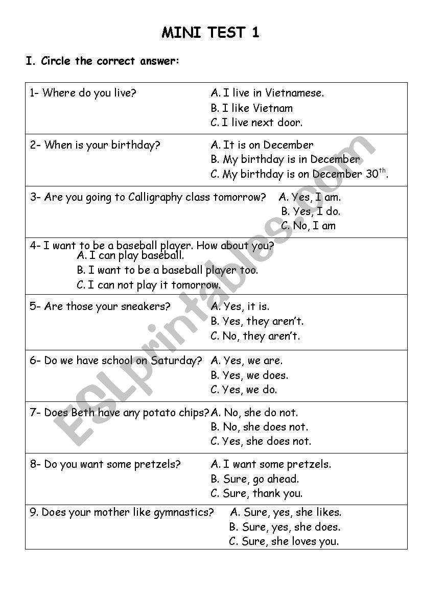 Mini Test 1 worksheet