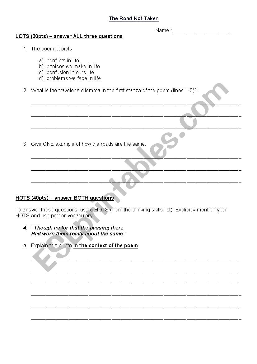 Test about The Road Not Taken worksheet
