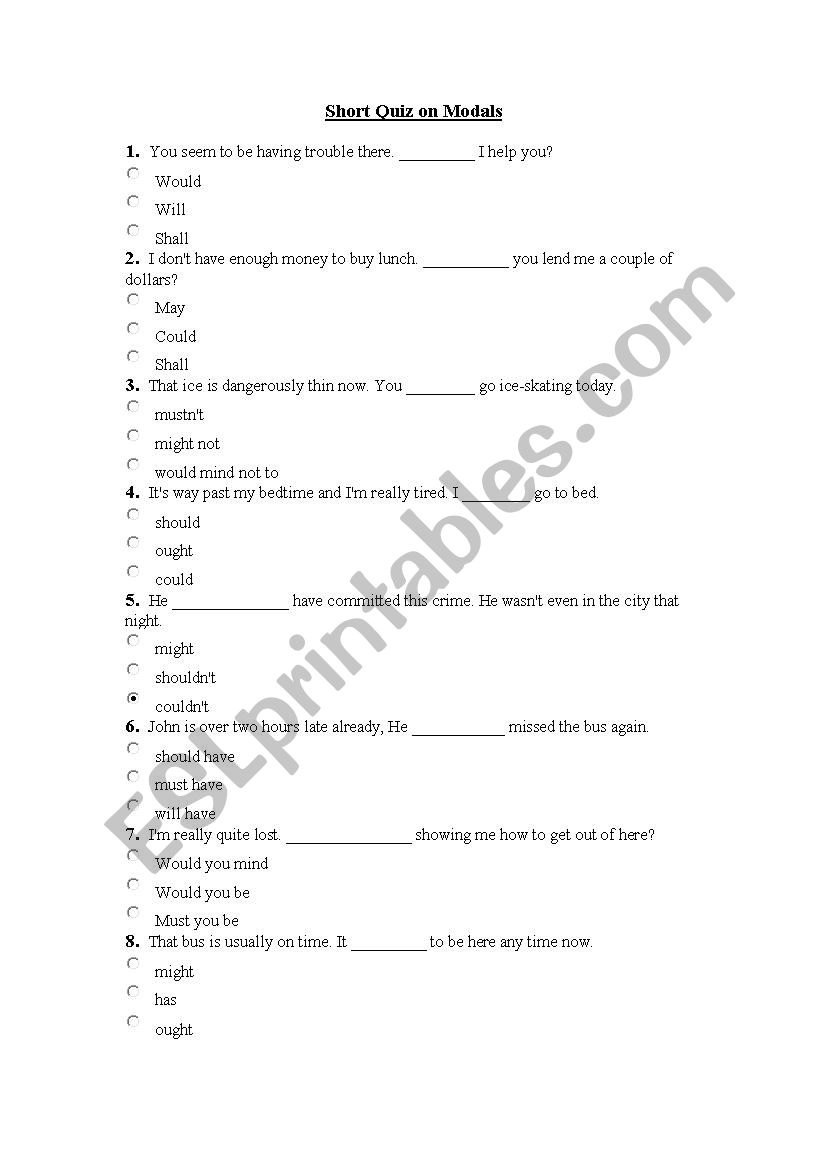 short quiz about modals worksheet