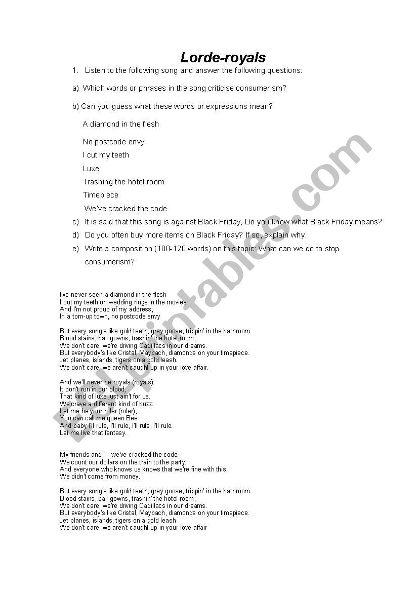 song on consumerism worksheet