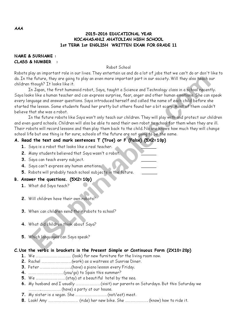 exam worksheet