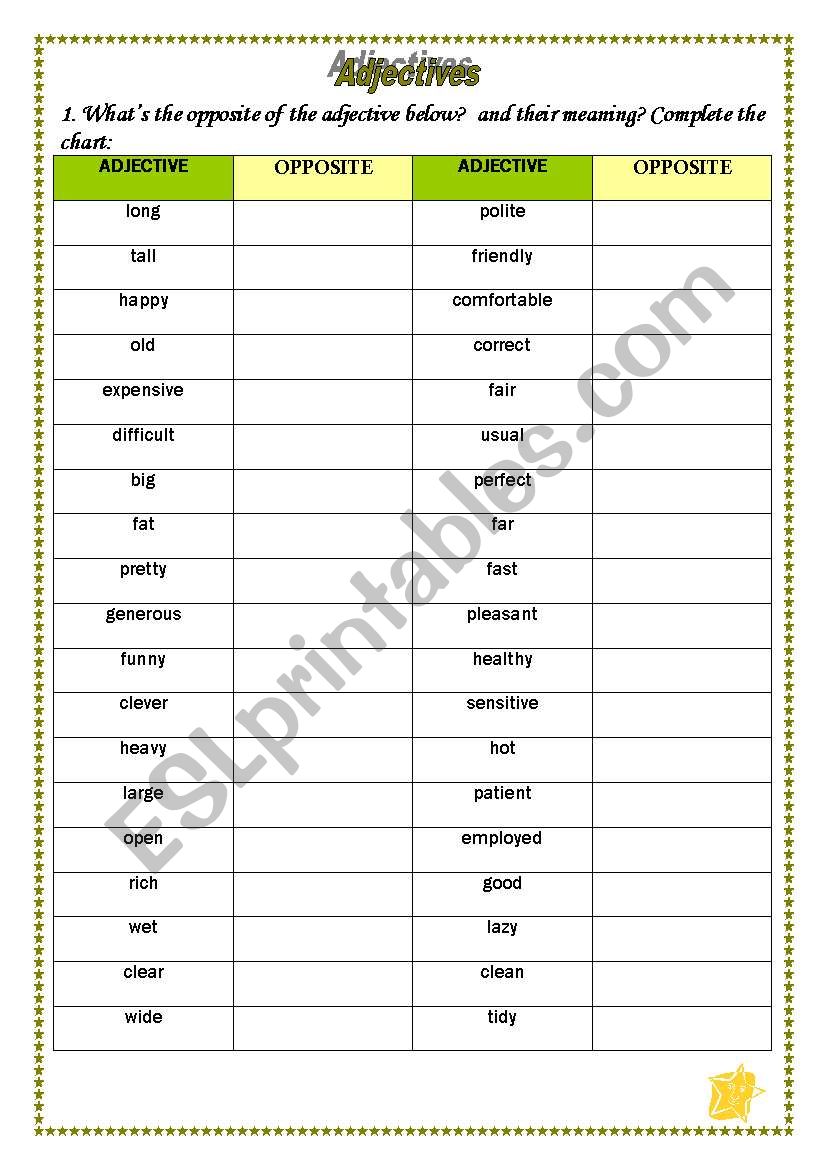 Opposite adjectives worksheet