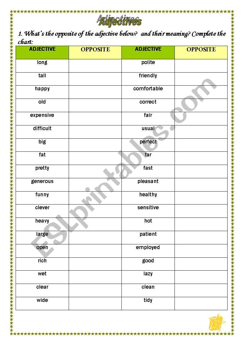 Opposite adjectives worksheet