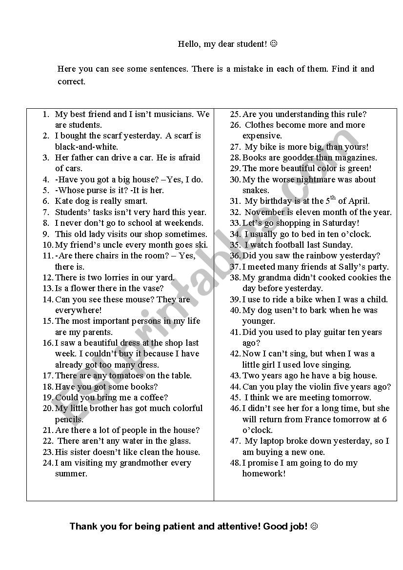 Correct the mistakes worksheet