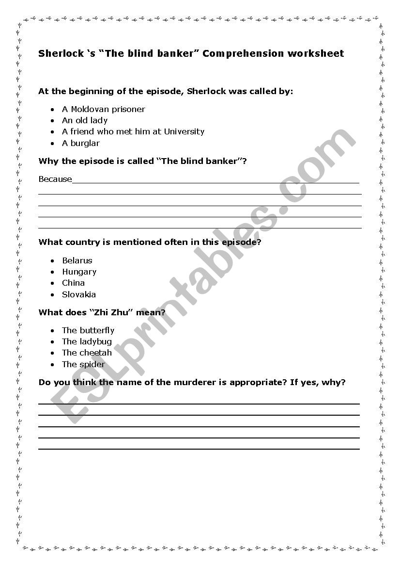 Sherlock-The Blind Banker worksheet