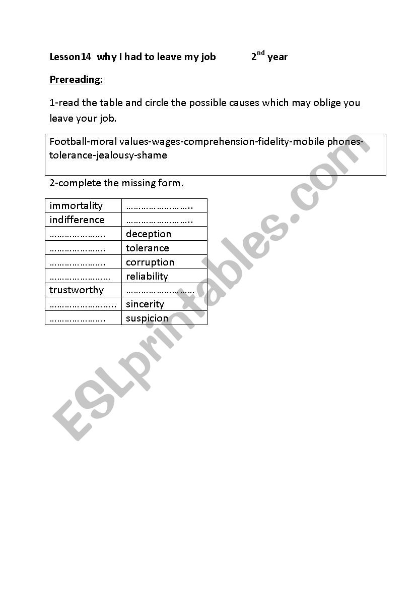 WHY I HAD TOLEAVEMY JOB worksheet