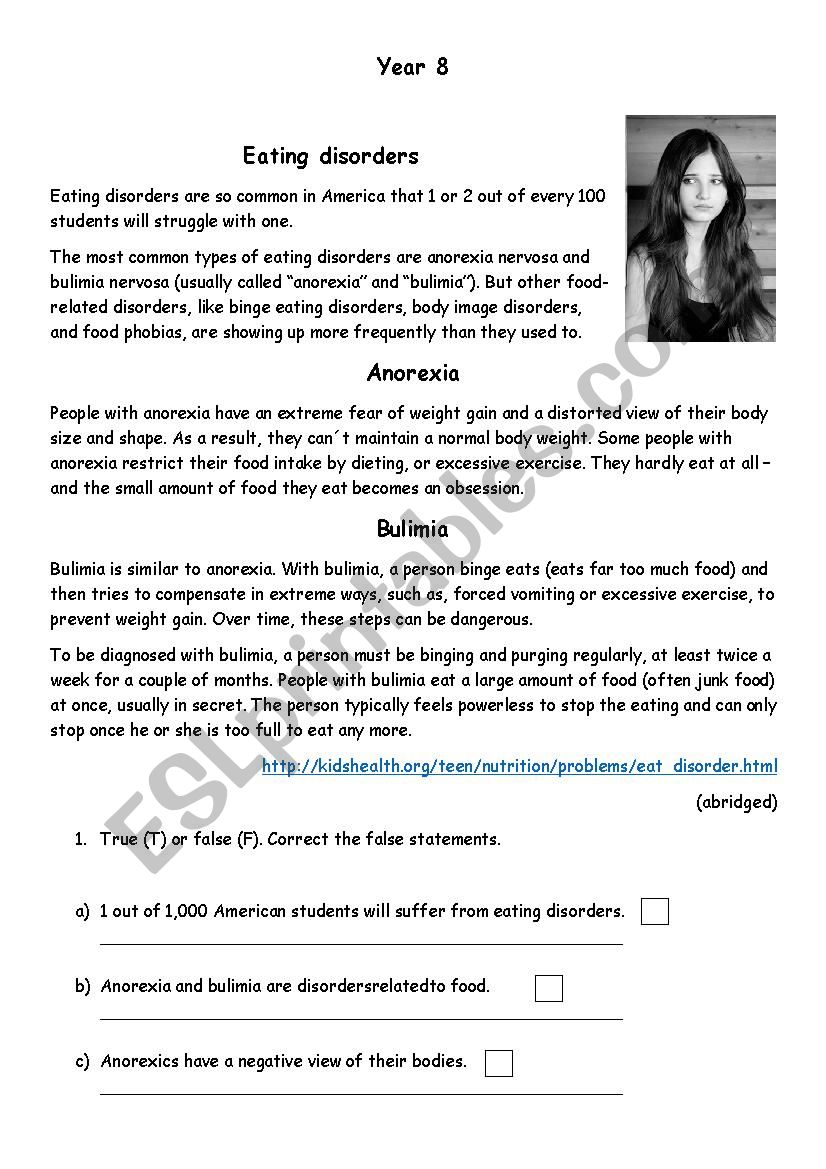 Eating disorders worksheet