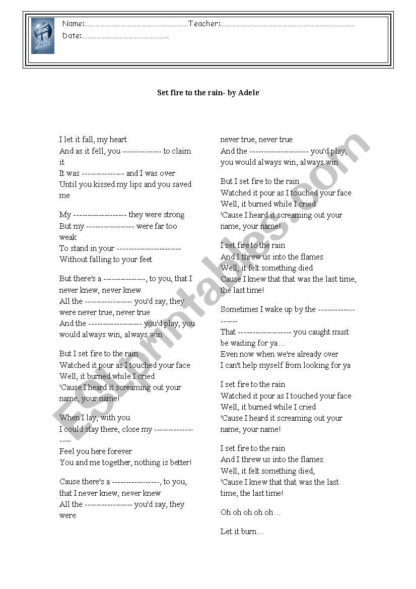 Set Fire to the rain worksheet