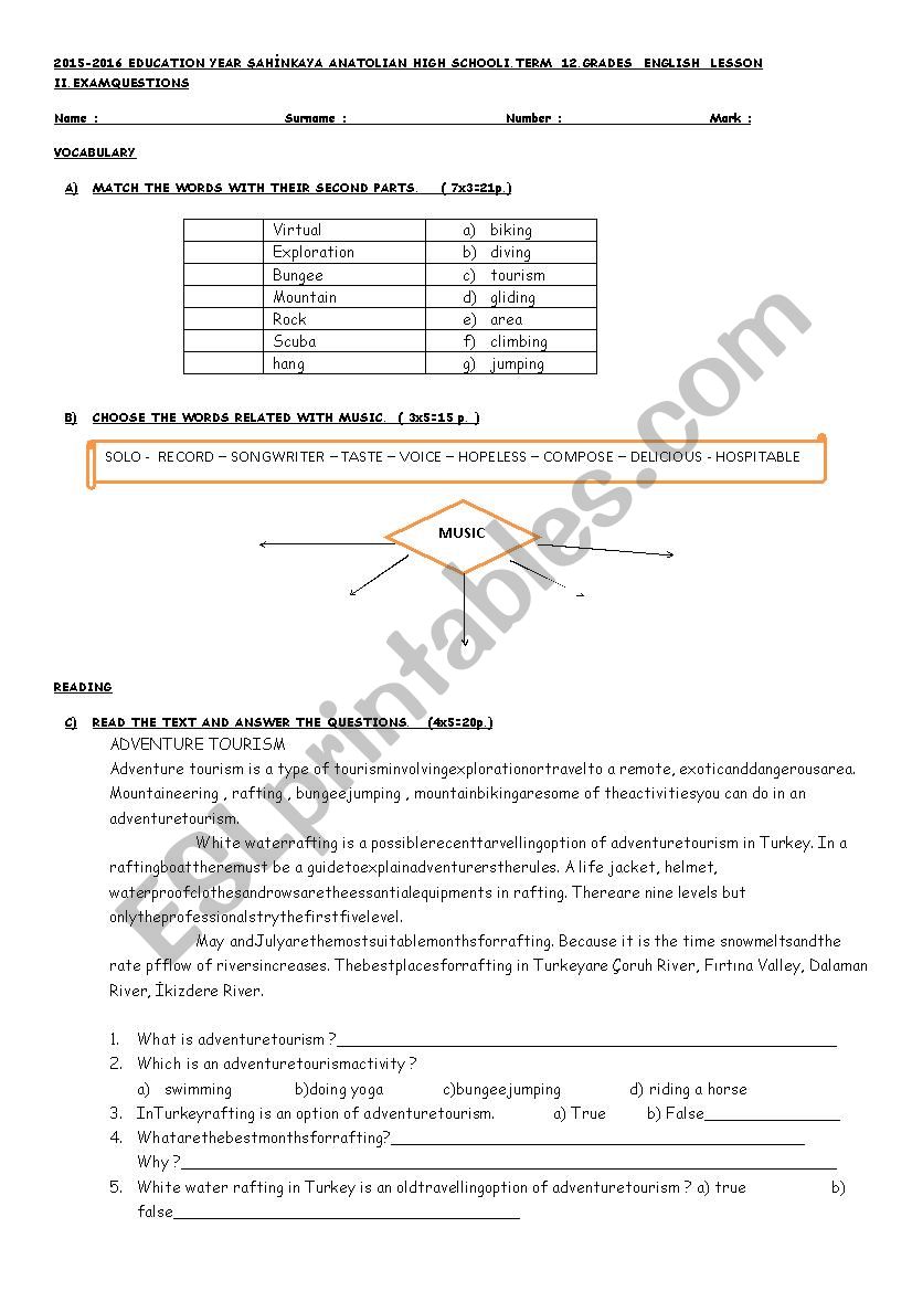 exam for 12th grade worksheet