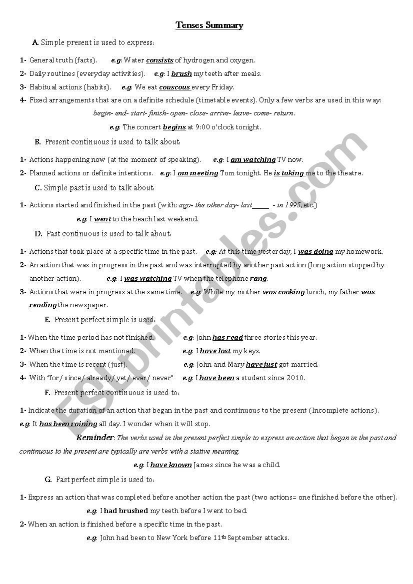 tenses summary worksheet