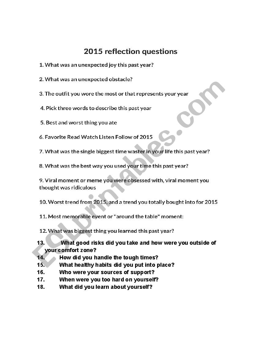 2015 Reflection questions  worksheet