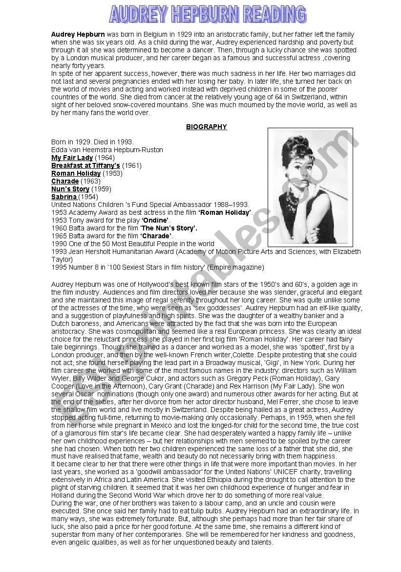 audrey hepburn  worksheet