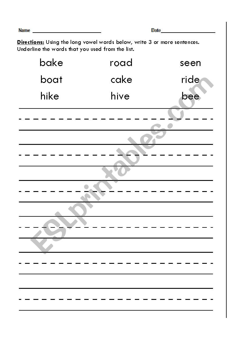 Writing Long Vowel Sentences worksheet