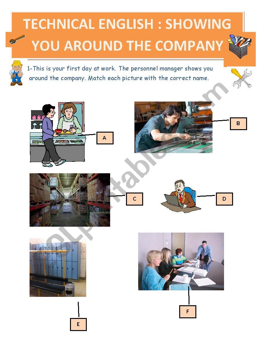 Technical English: Showing you around your new company: vocabulary, draw the plan of the company, perform a role play. KEY included.