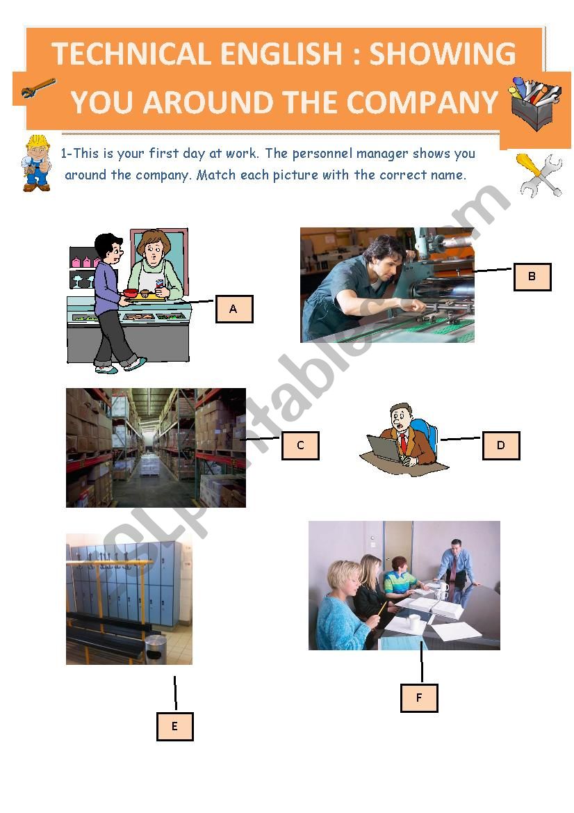 Technical English: Showing you around your new company: vocabulary, draw the plan of the company, perform a role play. KEY included.
