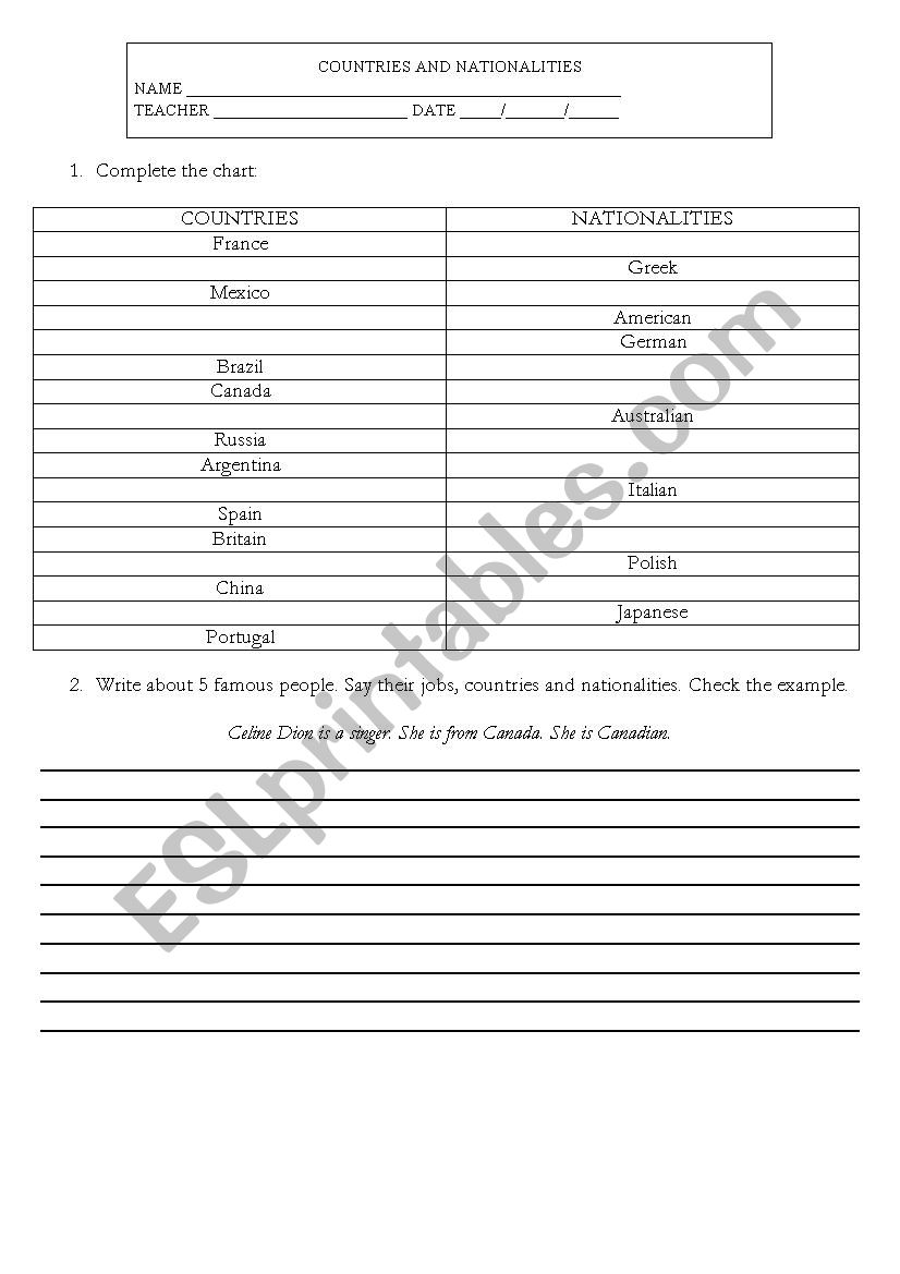 Countries and nationalities worksheet