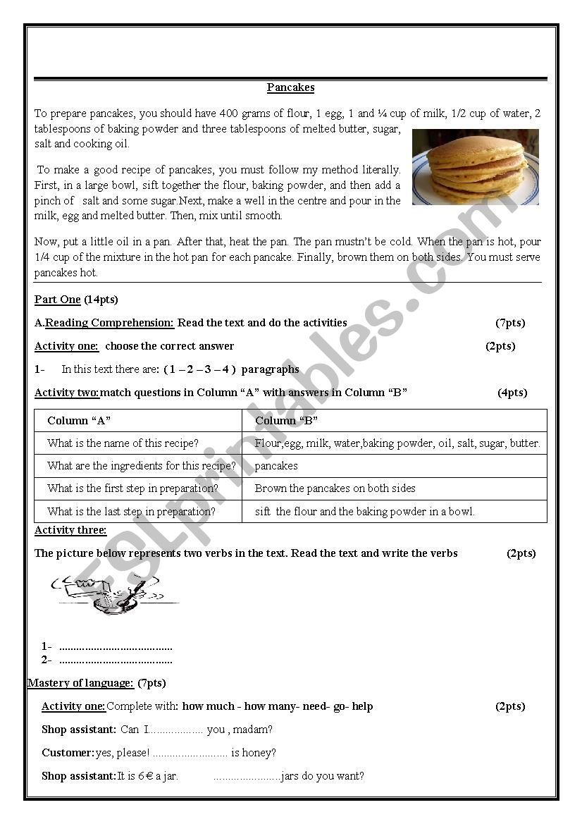 To prepare pancakes worksheet