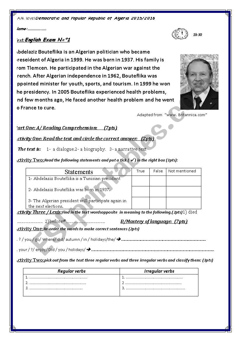 Abdelaziz Bouteflika  worksheet