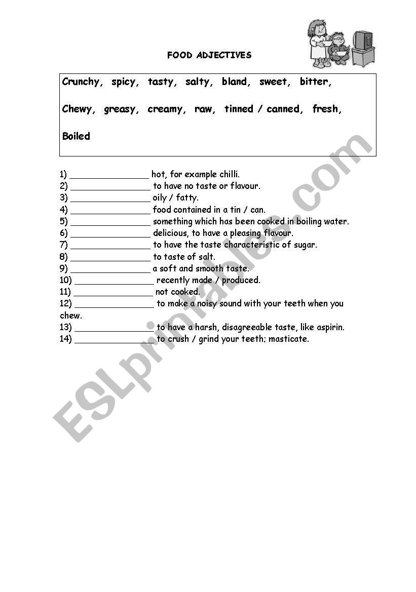 Descriptive food adjectives worksheet