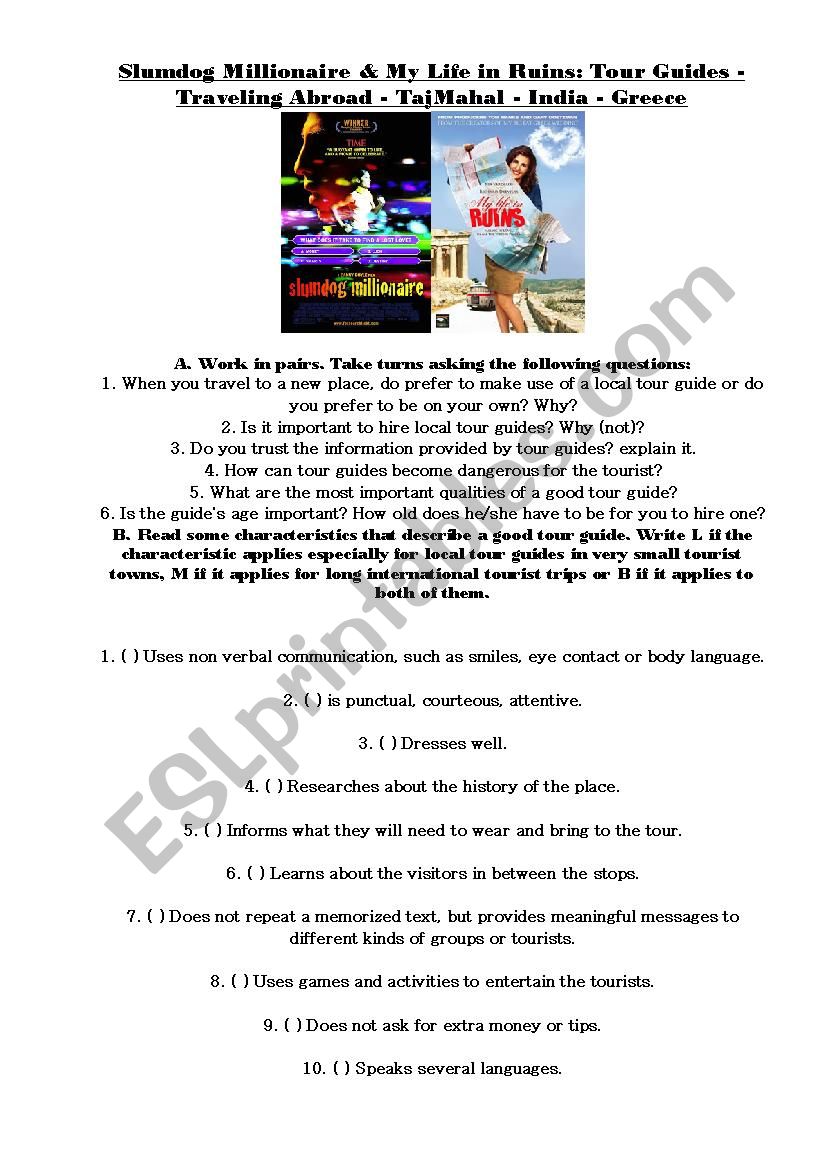 Slumdog Millionaire + Tourism worksheet